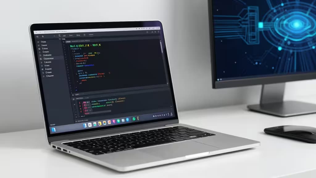 Een strakke zilveren laptop toont een Next.js-code-editor, met een monitor die een futuristische interface weergeeft.