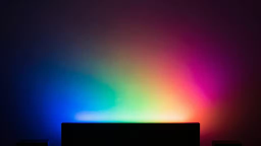 RGB LED strips cast vibrant gradient hues behind a sleek gaming monitor, enhancing immersive gameplay ambiance.