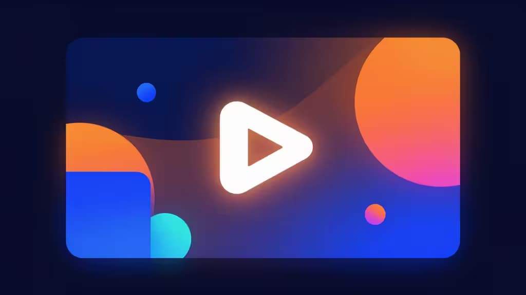 Glowing white play button centered on abstract gradient shapes in blue, orange, and pink within a rounded rectangle frame.