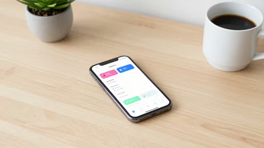 Smartphone displays budgeting app on light wood desk beside coffee cup and succulent.