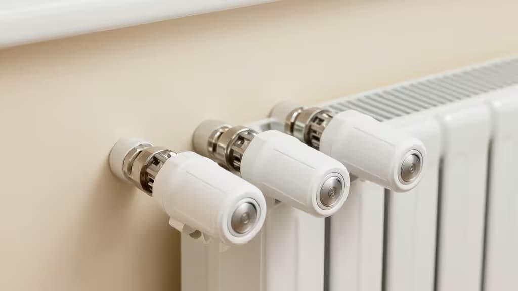 Three white smart TRVs mounted on a radiator, showcasing sleek design and metallic connectors.