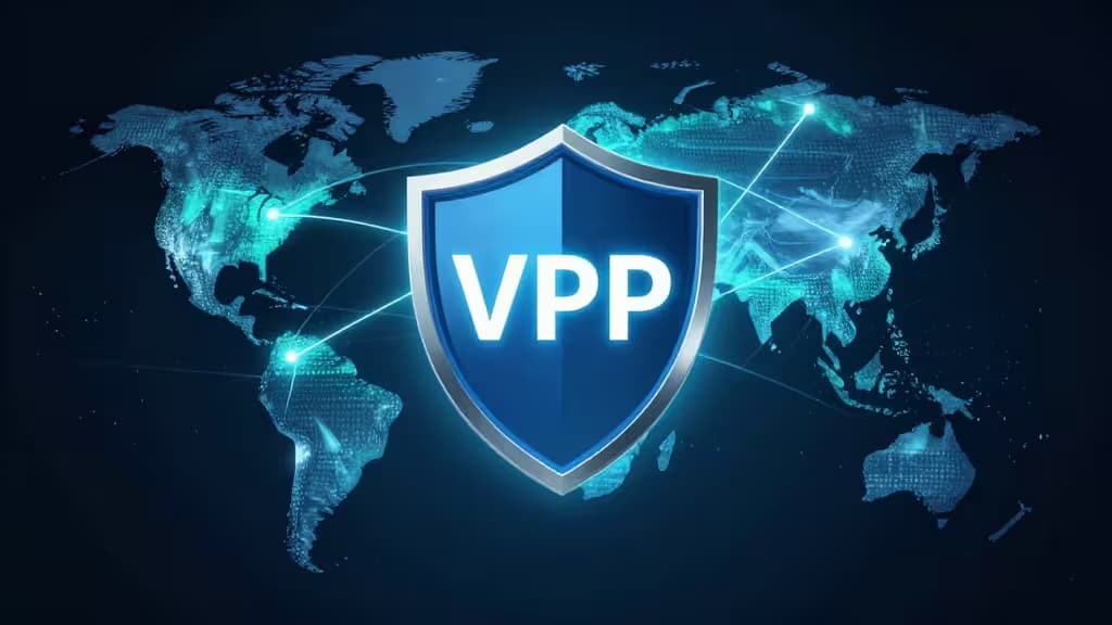 Illustration abstraite d'un réseau de streaming mondial avec bouclier VPN et lignes de connexion lumineuses traversant les continents sur fond sombre