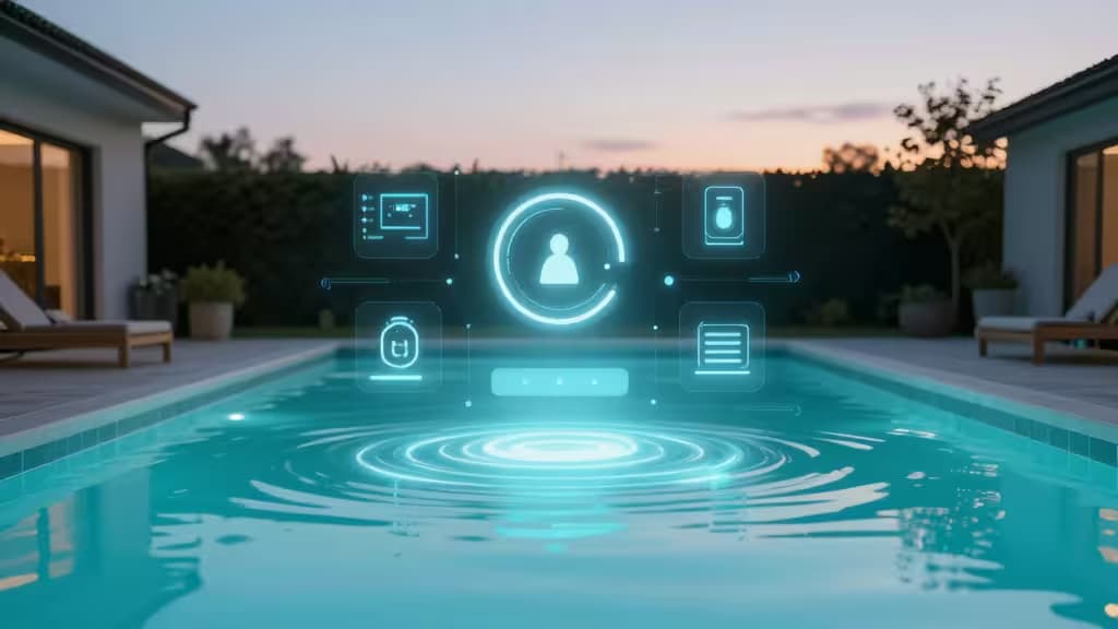 Holographic smart pool interface hovers over twilight backyard pool, displaying glowing control icons above rippling turquoise water between modern homes.