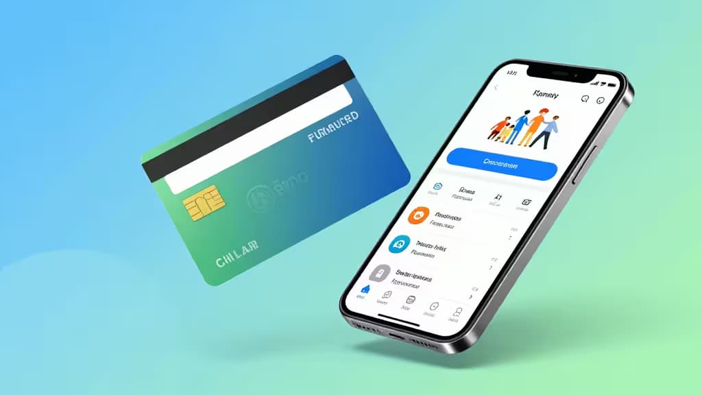 Eine Prepaid-Karte schwebt neben einem Smartphone, das eine Familien-Banking-App mit Elternkontrollen und Taschengeld-Funktionen zeigt.