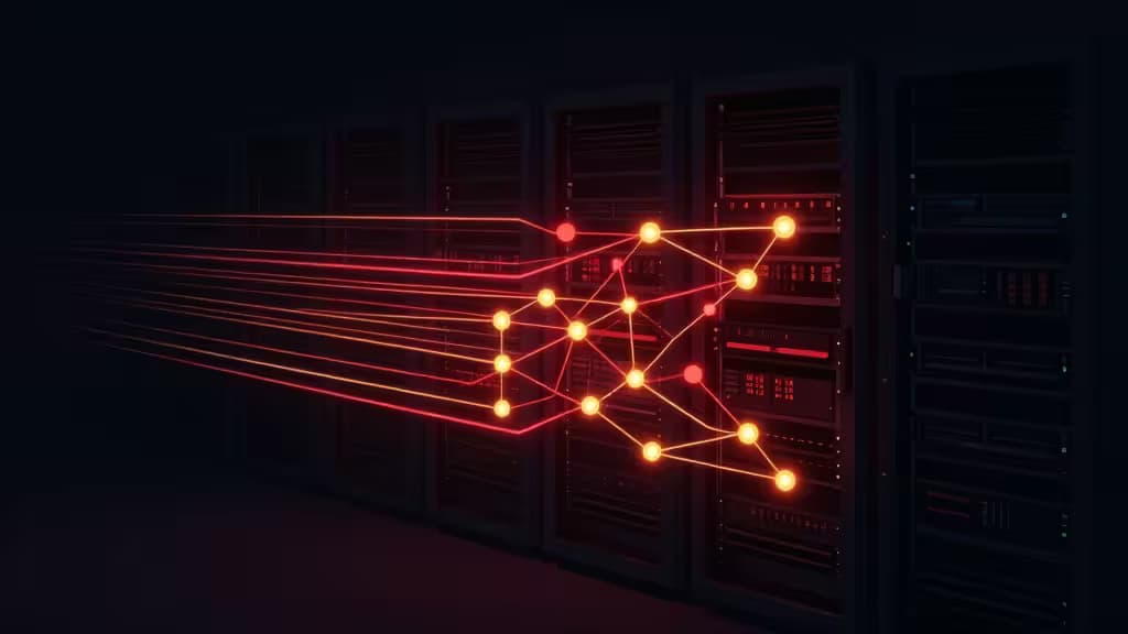 Glowing orange neural network overlays dark server racks, symbolizing fast, scalable Redis hosting for budget-conscious startups.