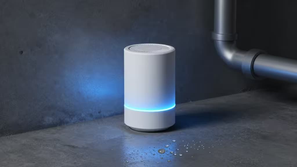 コンクリートの地下室の床に置かれたスマートホーム水漏れセンサーと水道パイプ、青い環境光と水滴が写る製品写真