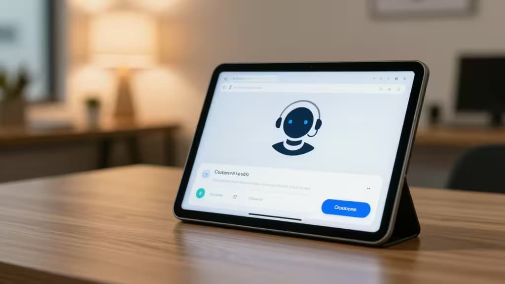 Tablet displays AI chatbot interface with German text, resting on wooden desk in warm office setting.
