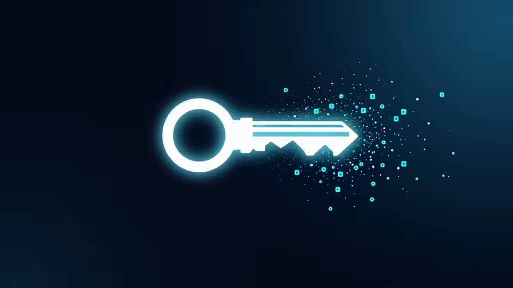 Abstract glowing key icon dissolving into encrypted data particles on a dark navy background