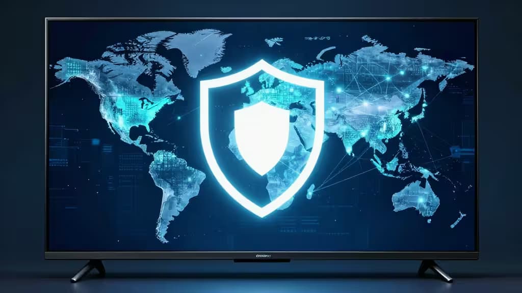 Nowoczesny telewizor smart TV z mapą świata i ikoną tarczy symbolizującą bezpieczeństwo i prywatność VPN