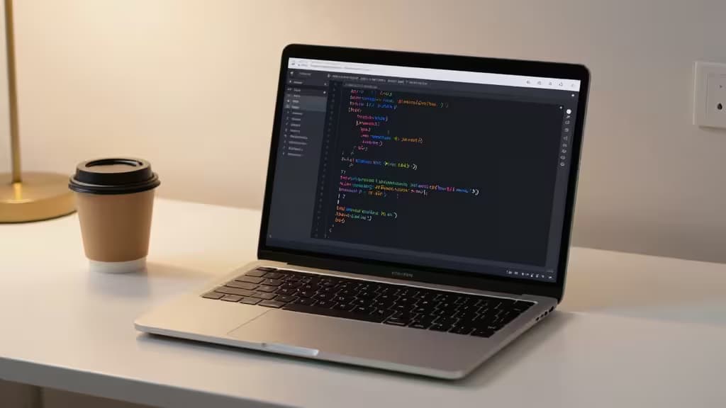 Un MacBook Pro affichant du code Go sur un bureau minimaliste à côté d'une tasse de café.