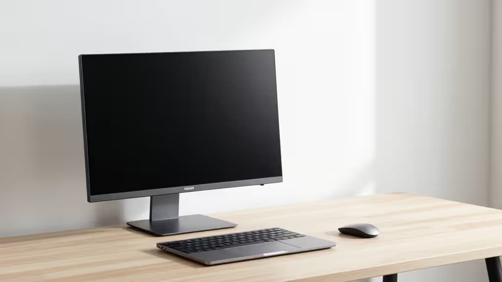 Monitor 4K/5K para MacBook Pro em setup de escritório com teclado e mouse.
