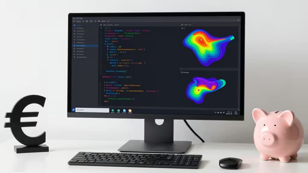 Ein Entwickler-Arbeitsplatz mit Monitor, der Go-Code und Coverage-Metriken anzeigt, flankiert von Euro-Symbol und Sparschwein.