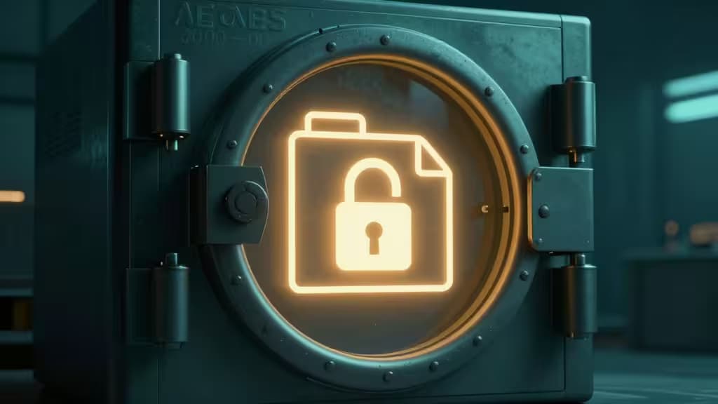 Un candado brillante ilumina una pesada puerta de bóveda de acero, simbolizando el almacenamiento local seguro de datos sensibles.