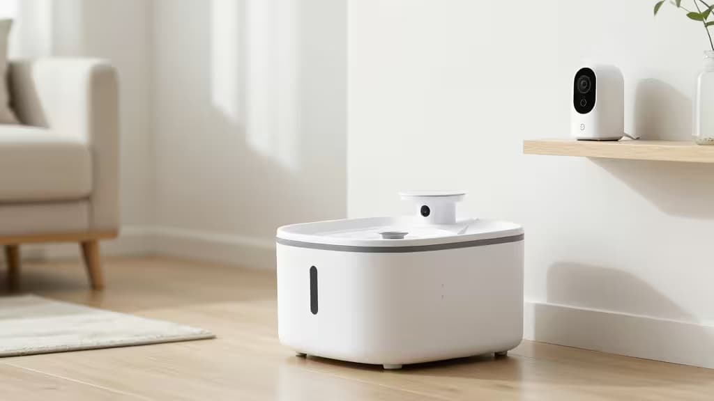 A sleek smart pet water fountain in a modern living room with a small camera mounted on a nearby shelf, positioned to monitor the pet's drinking area.