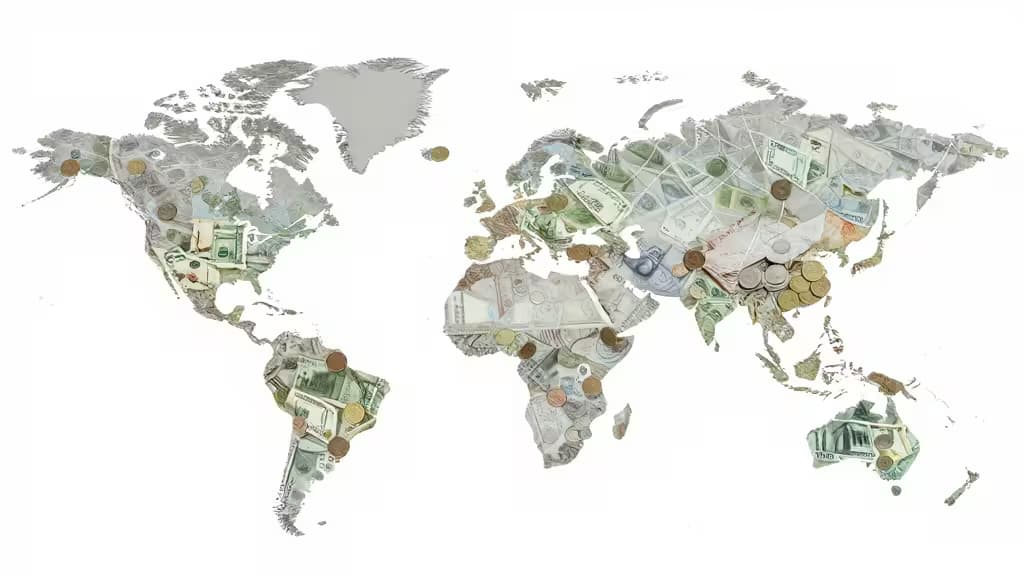 Mapa mundial compuesto por billetes y monedas de diversas divisas internacionales sobre fondo blanco.