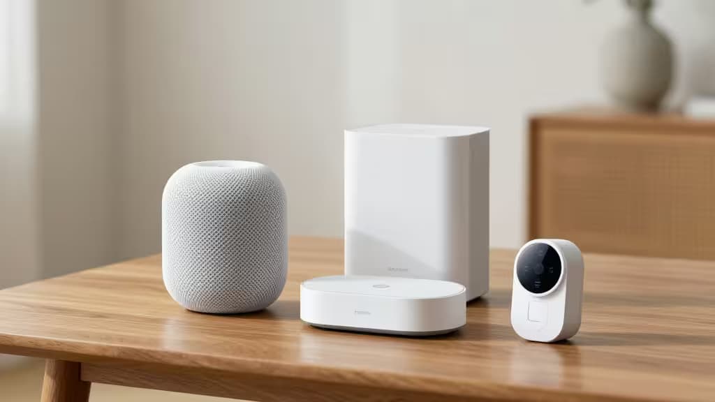 Białe urządzenia Apple HomeKit – HomePod, hub i kamera – ustawione na drewnianym stole.