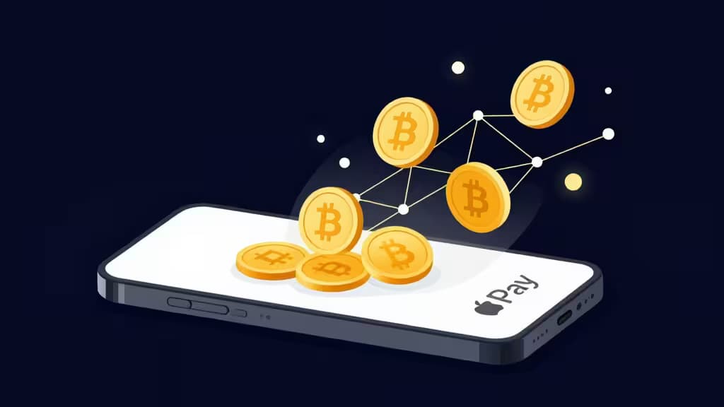 Smartfon wyświetlający Apple Pay rozpływający się w złote monety Bitcoin i węzły sieci blockchain na ciemnoniebieskim tle.
