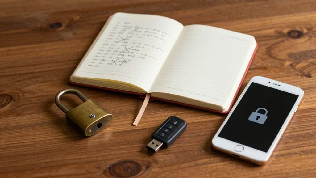 Um cadeado de latão, um pendrive USB e um smartphone com ícone de cadeado descansam ao lado de um caderno aberto sobre uma mesa de madeira.