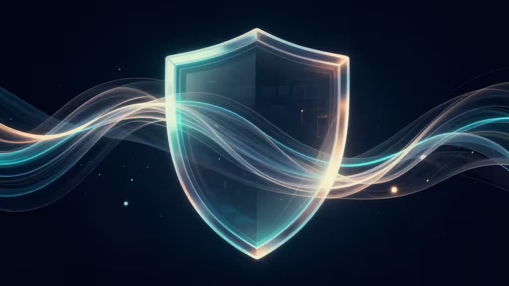Abstrakte Illustration eines Schilds aus lichtdurchlässigen Wellen, die in gewöhnlichen Web-Traffic übergehen — symbolisiert VPN-Traffic, der als normales HTTPS getarnt ist