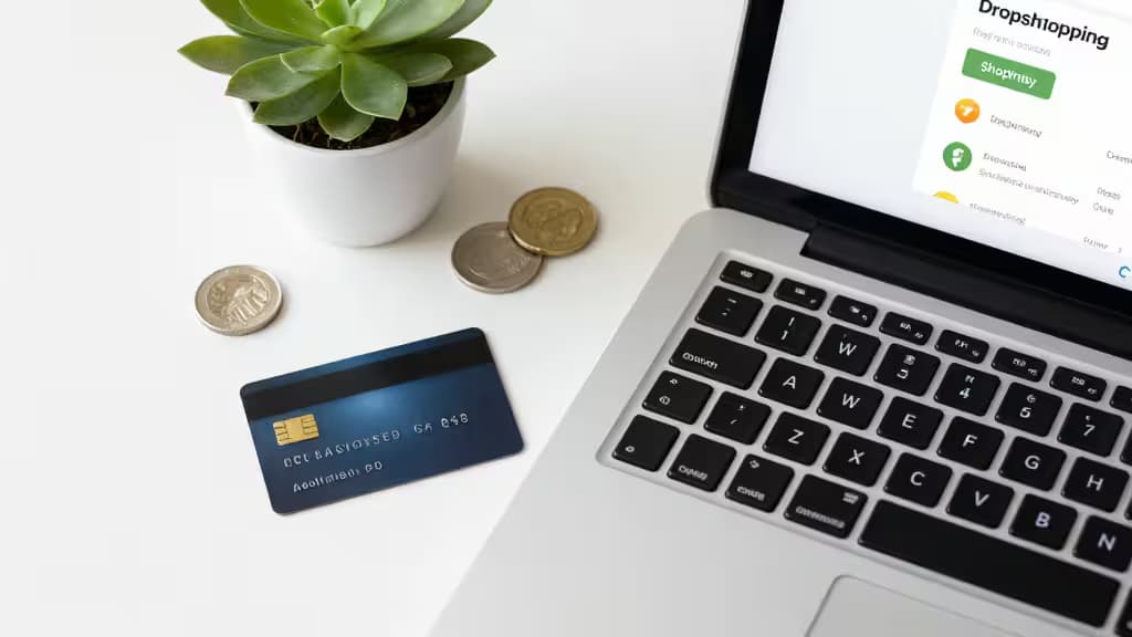 Um cartão de crédito azul, moedas e laptop exibindo dashboard de dropshipping no Shopify sobre uma mesa branca.