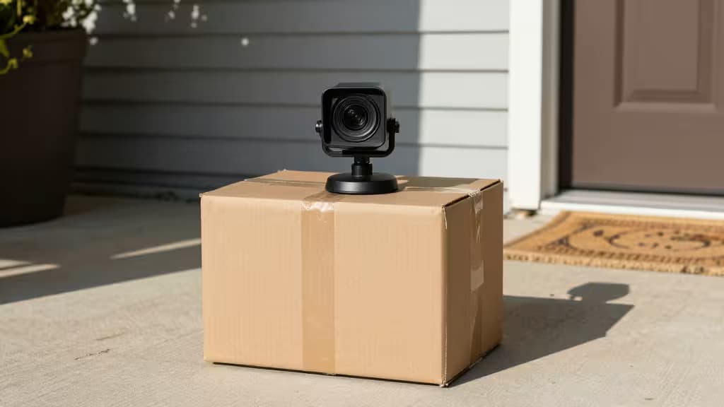 A black security camera perched on a cardboard box captures the porch scene.