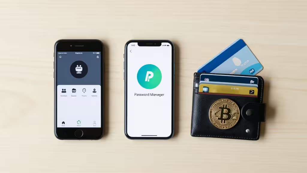 Two smartphones displaying password manager apps beside a leather wallet holding international credit cards and Bitcoin.
