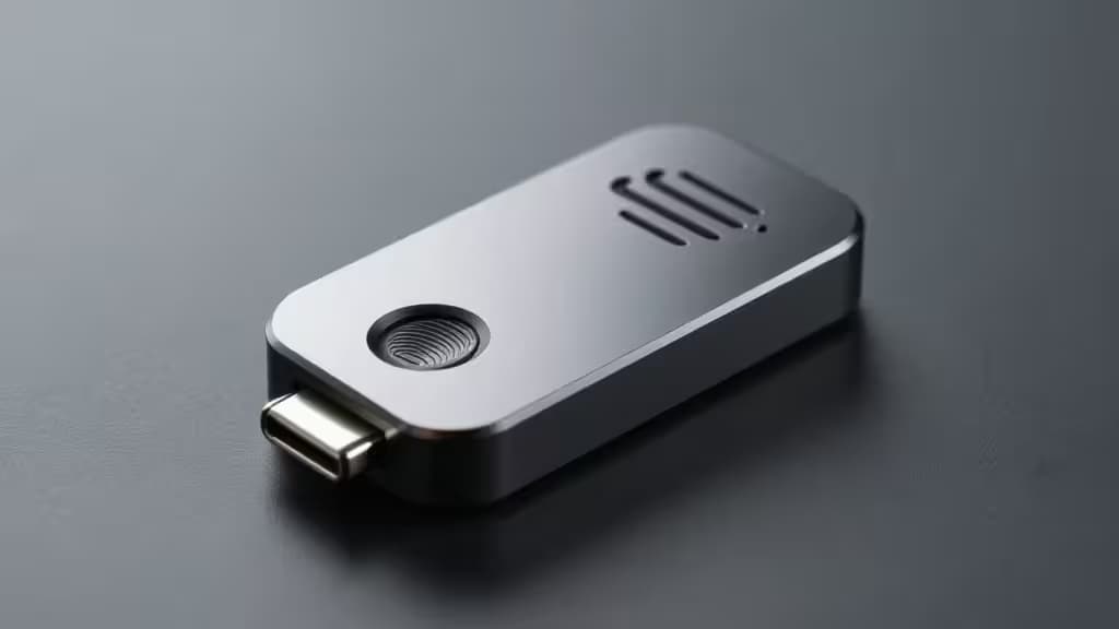 A sleek, metallic USB-C security key with a fingerprint sensor and NFC antenna slots rests on a dark surface.