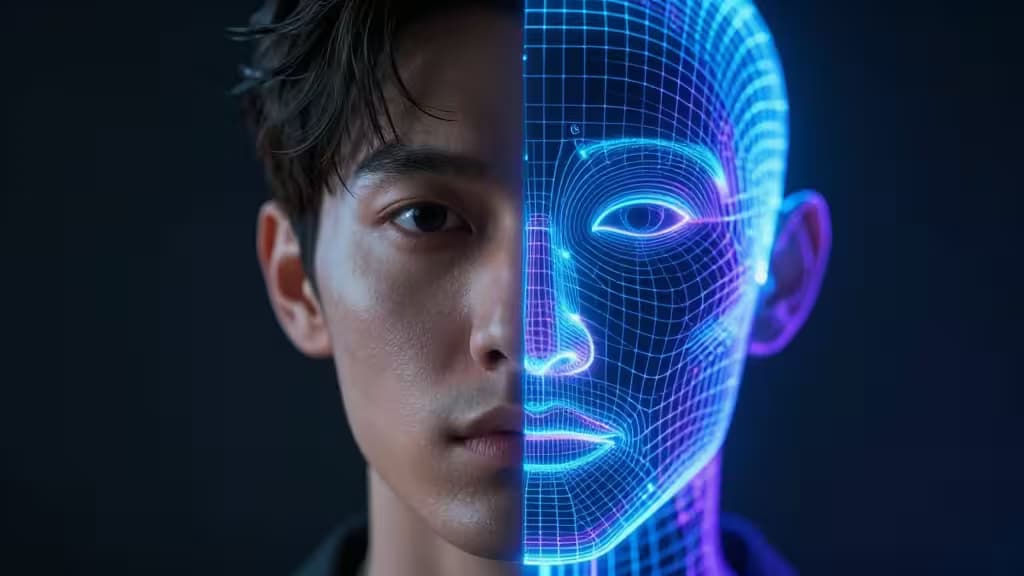 Split-face portrait: human left, glowing blue wireframe AI right, symbolizing deepfake technology.
