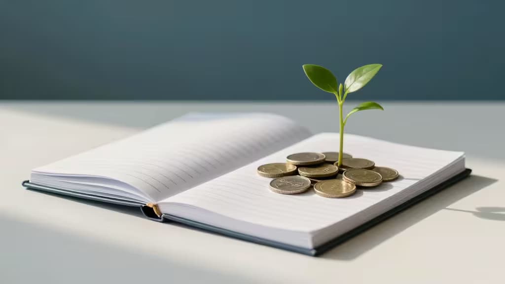 A green sprout grows from gold coins resting on an open notebook, symbolizing nonprofit financial growth.