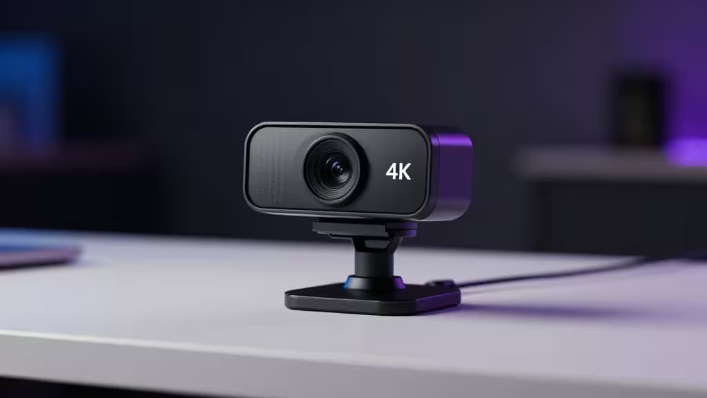 Webcam 4K nera con finitura opaca posizionata al centro di una scrivania bianca, illuminata da luce ambientale viola con sfondo sfuocato.