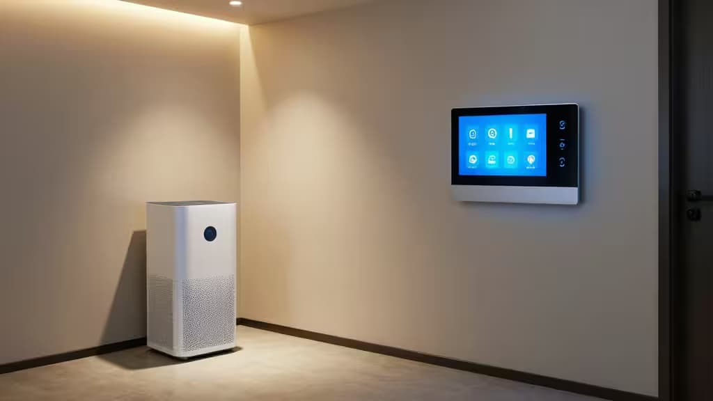 A modern finished basement with a smart air purifier in the corner, a wall-mounted smart display glowing softly, and small smart sensors mounted on the walls, illuminated by warm ambient lighting.