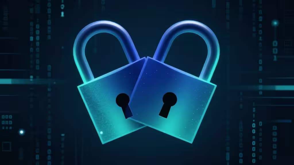 Two glowing blue padlocks interlock to form a heart, symbolizing shared digital security for couples.