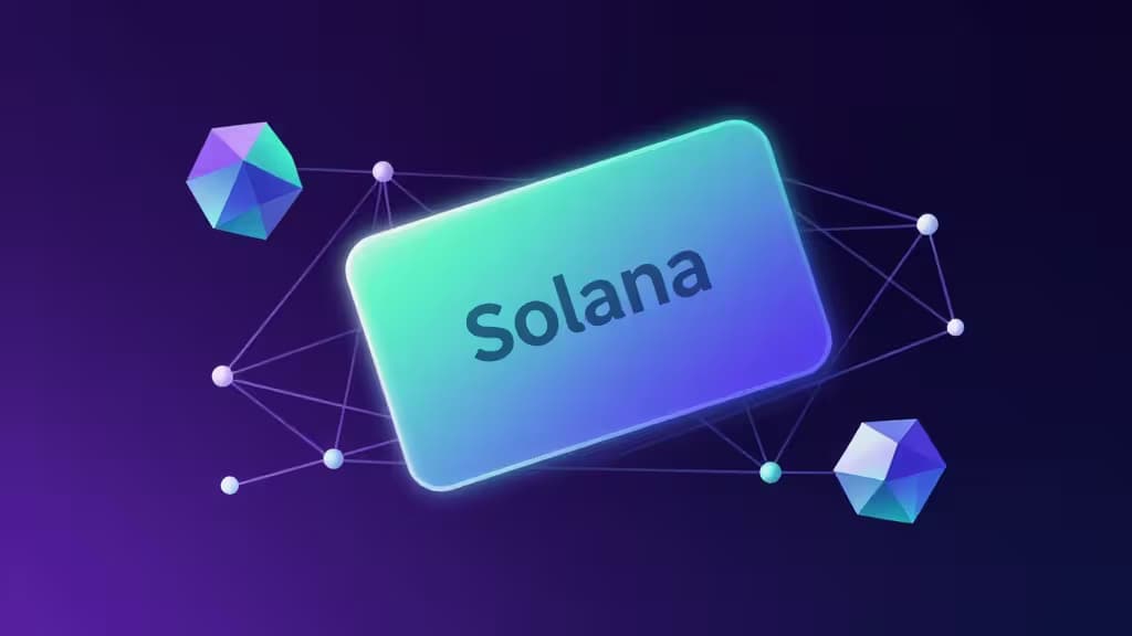 Glowing Solana card floats amid geometric shapes and network lines on a purple gradient background.