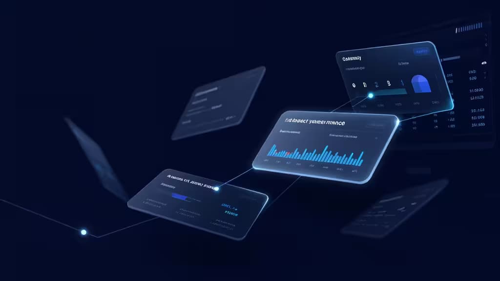 Абстрактная визуализация корпоративных расходных карт с элементами дашборда контроля расходов в реальном времени