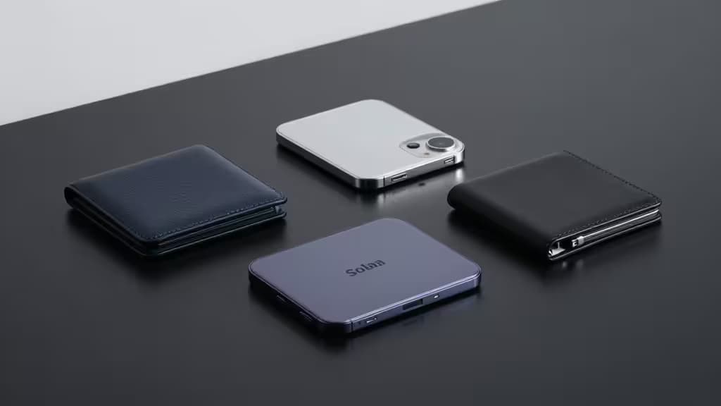 Zwei moderne Solana-Wallets liegen neben klassischen Ledergeldbörsen auf einer dunklen Oberfläche.