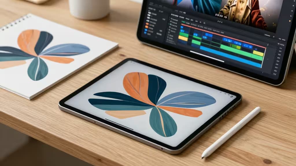 iPad Pro displays AI art, paired with stylus and sketchbook on wooden desk.