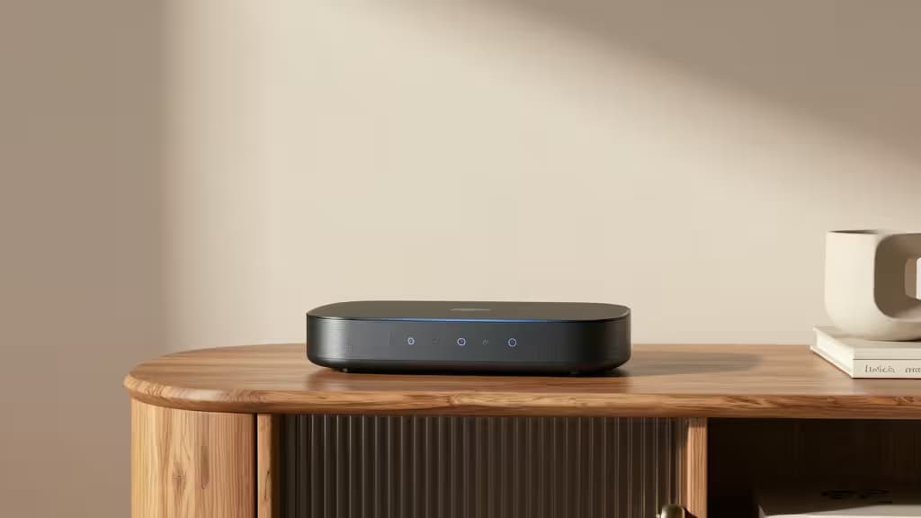 Sleek black Samsung SmartThings hub rests on warm wood grain, glowing blue indicators signaling smart home readiness.