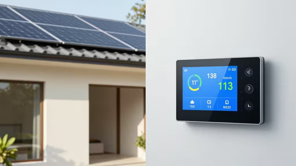 A modern home with solar panels and a wall-mounted energy monitor displaying real-time data.