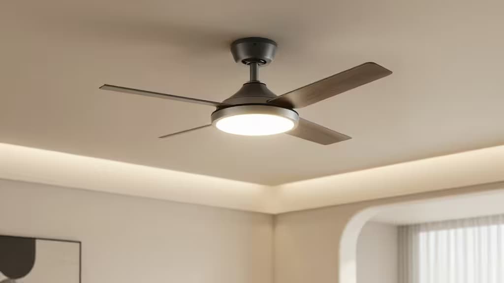 Moderne Wohnräume mit einem schlanken Smart-Deckenventilator mit integrierter LED-Beleuchtung und warmem Ambiente.
