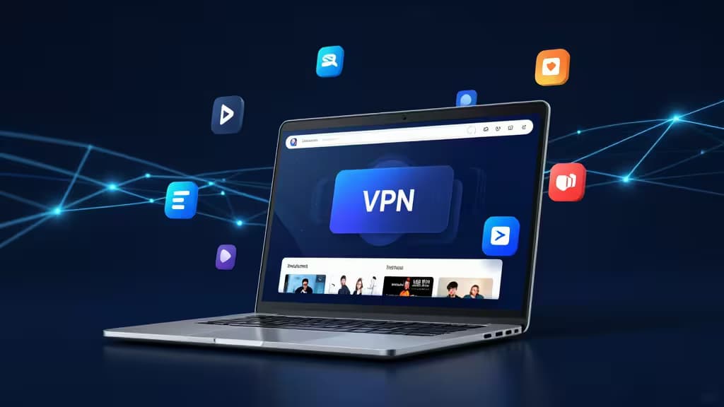 Silver laptop displays VPN interface with floating app icons and glowing network lines.
