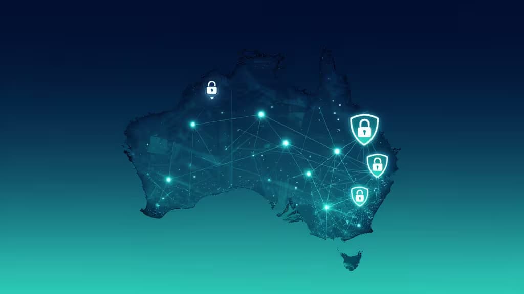 A glowing map of Australia features interconnected nodes and shield icons, symbolizing secure VPN connections.