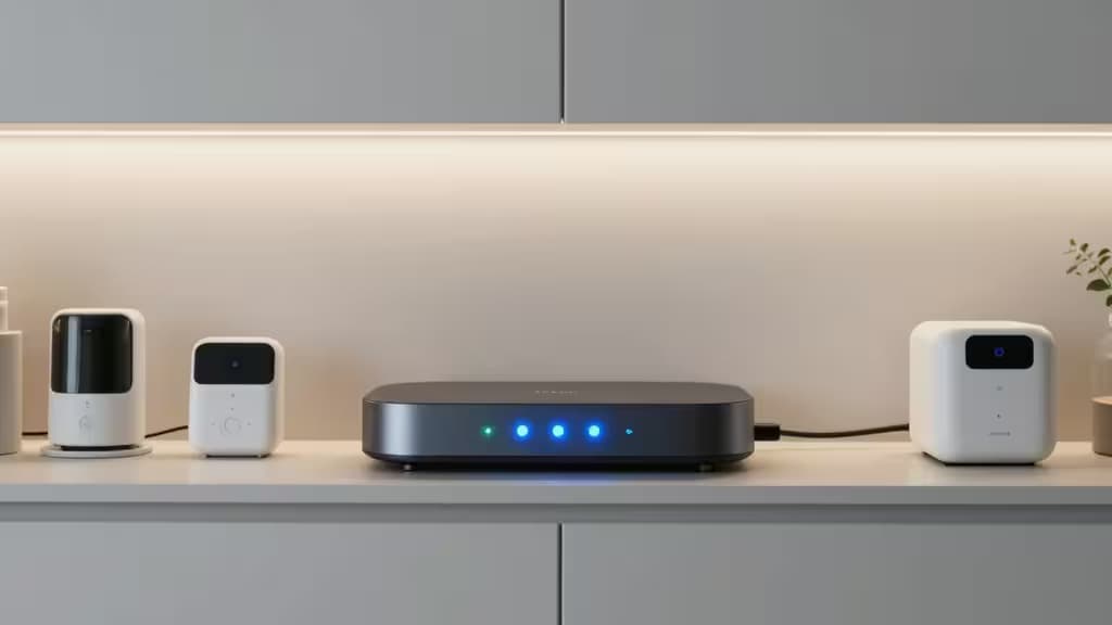 A sleek black Zigbee hub with blue LEDs sits centered on a white countertop, flanked by white smart sensors.