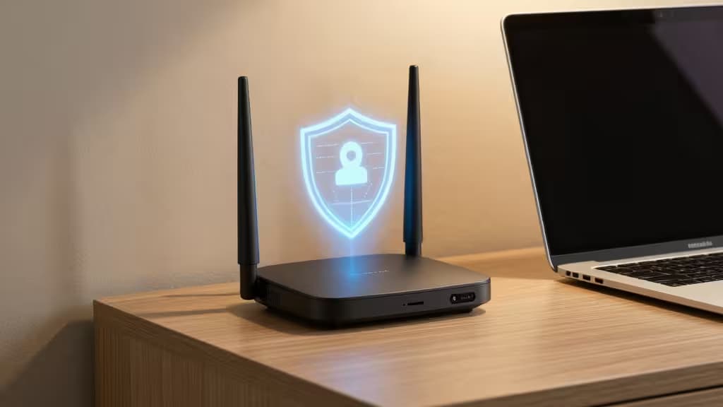 A black travel router with two antennas sits on a wooden desk beside a laptop, projecting a glowing blue shield icon symbolizing encrypted security.
