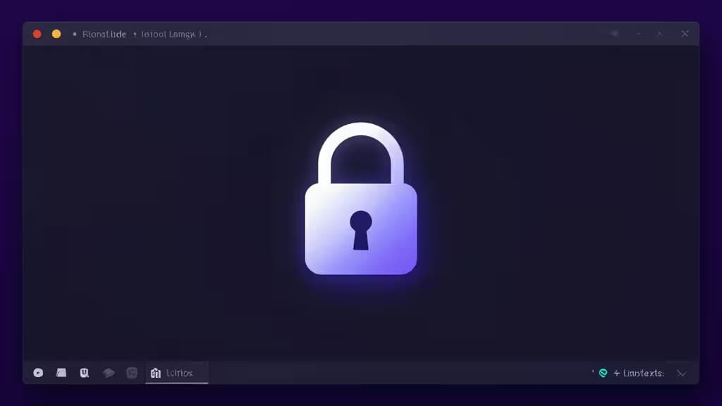 Тёмный рабочий стол Linux с фиолетовым значком замка в центре, символизирующим безопасное управление паролями.
