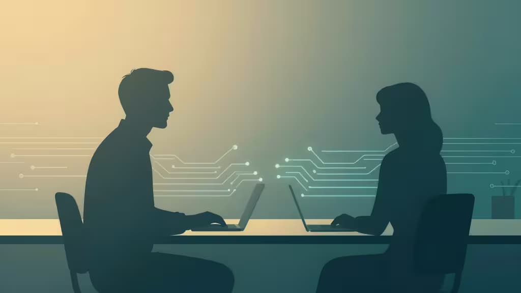 Silhouetted coach and client connect via glowing AI circuit lines across laptops in a gradient-lit abstract coaching space.