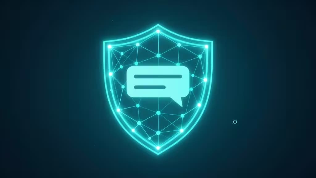 A glowing cyan shield with a network pattern protects a chat bubble icon, symbolizing encrypted AI privacy.