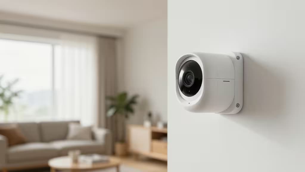 A sleek white security camera mounted on a wall, overlooking a cozy living room.
