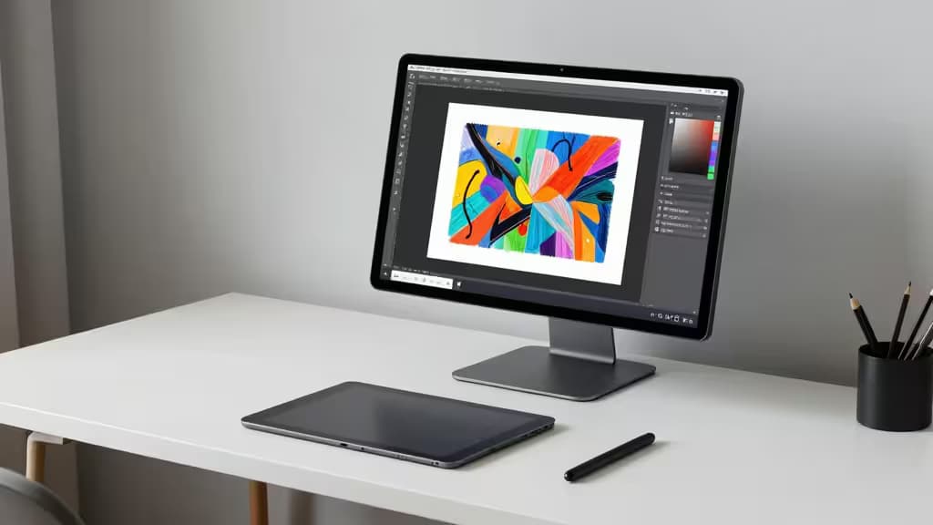 A sleek portable monitor displays vibrant digital art, paired with a tablet and stylus on a minimalist desk.