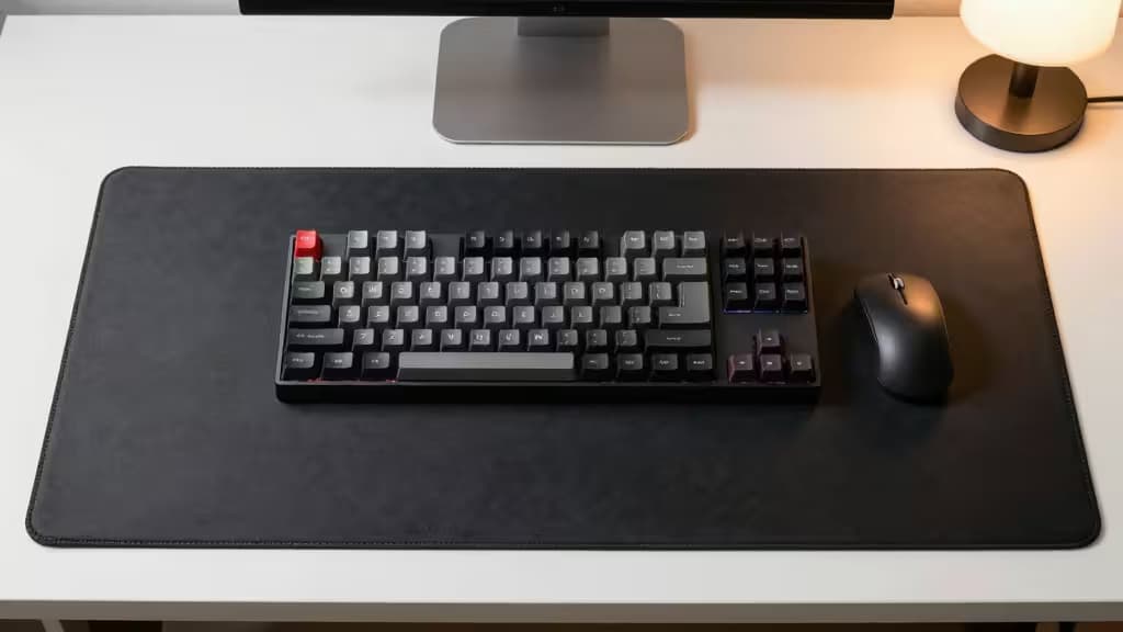 Top-down view of a mechanical keyboard and mouse resting on a dark cloth desk mat under warm desk lamp lighting