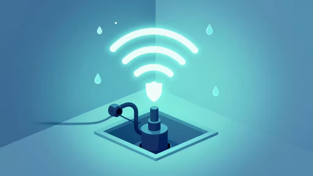 Abstrakte Illustration einer Smart-Home-Kellerpumpengrube mit WLAN-Signalwellen und Wasserschild-Motiv in Blautönen